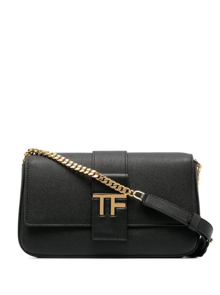 Black Logo Plaque Leather Shoulder Bag
