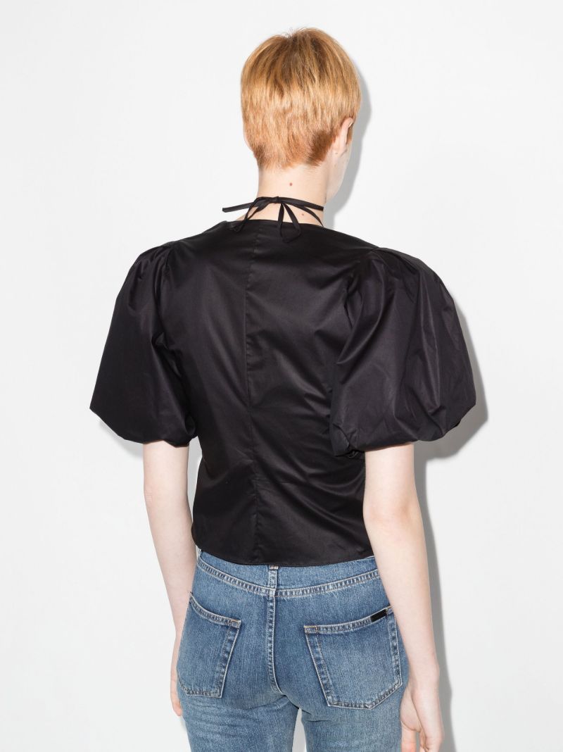 Tie Neck Puff Sleeve Cotton Blouse
