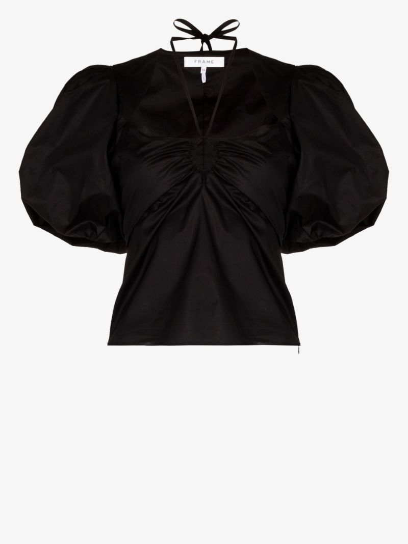 Tie Neck Puff Sleeve Cotton Blouse