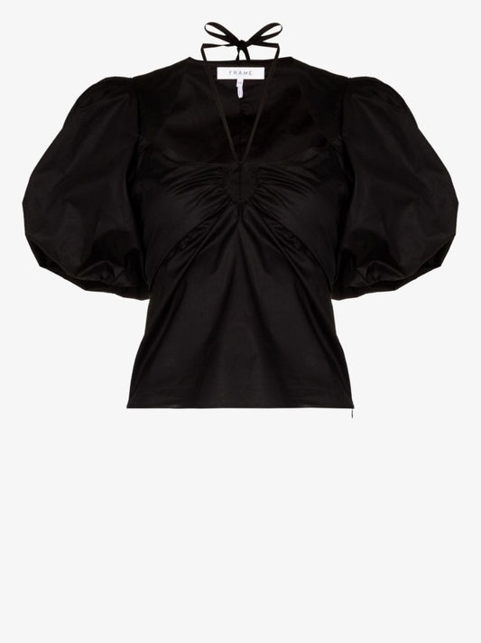 Tie Neck Puff Sleeve Cotton Blouse