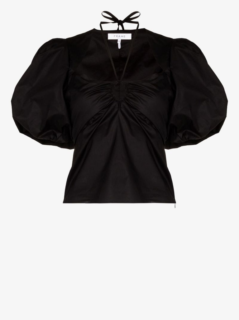 Tie Neck Puff Sleeve Cotton Blouse