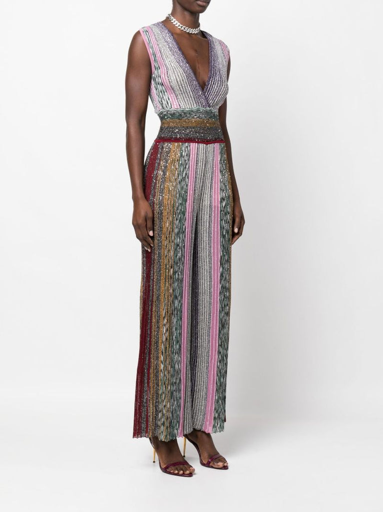 Multicoloured Sequin Striped Knit Jumpsuit
