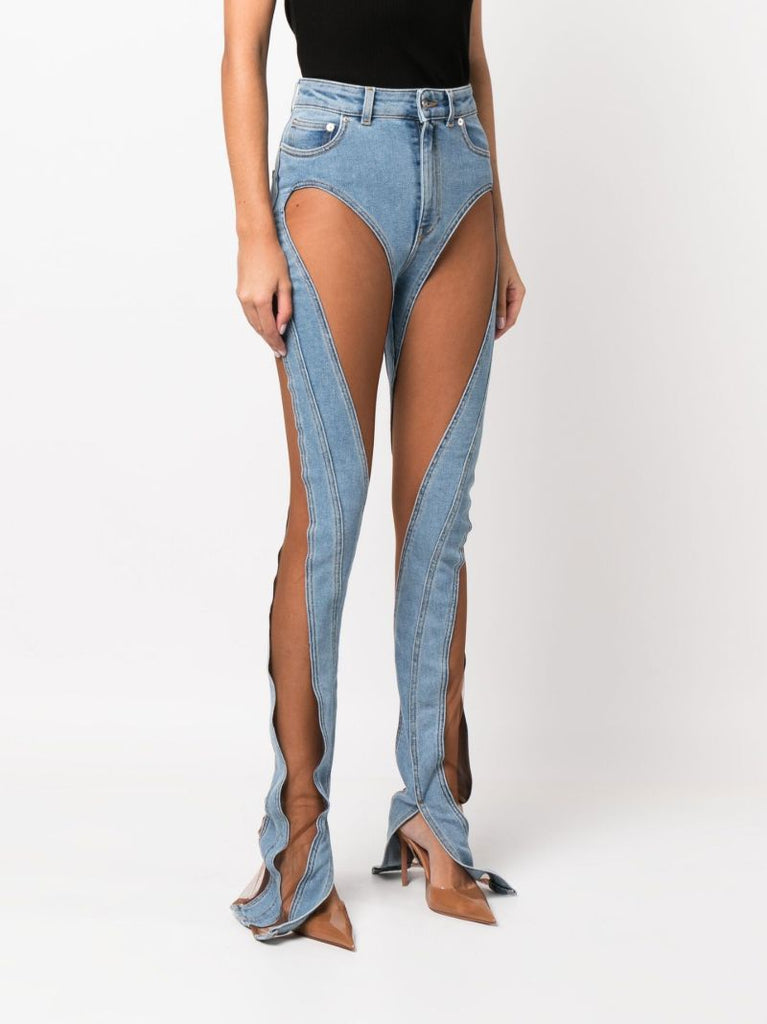 Blue Spiral Panelled High-rise Skinny Jeans