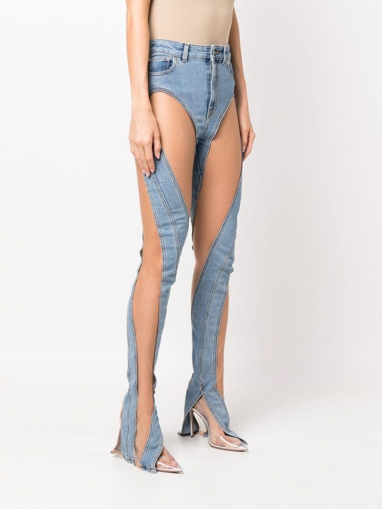 Blue Spiral Mesh-panelled Skinny Jeans