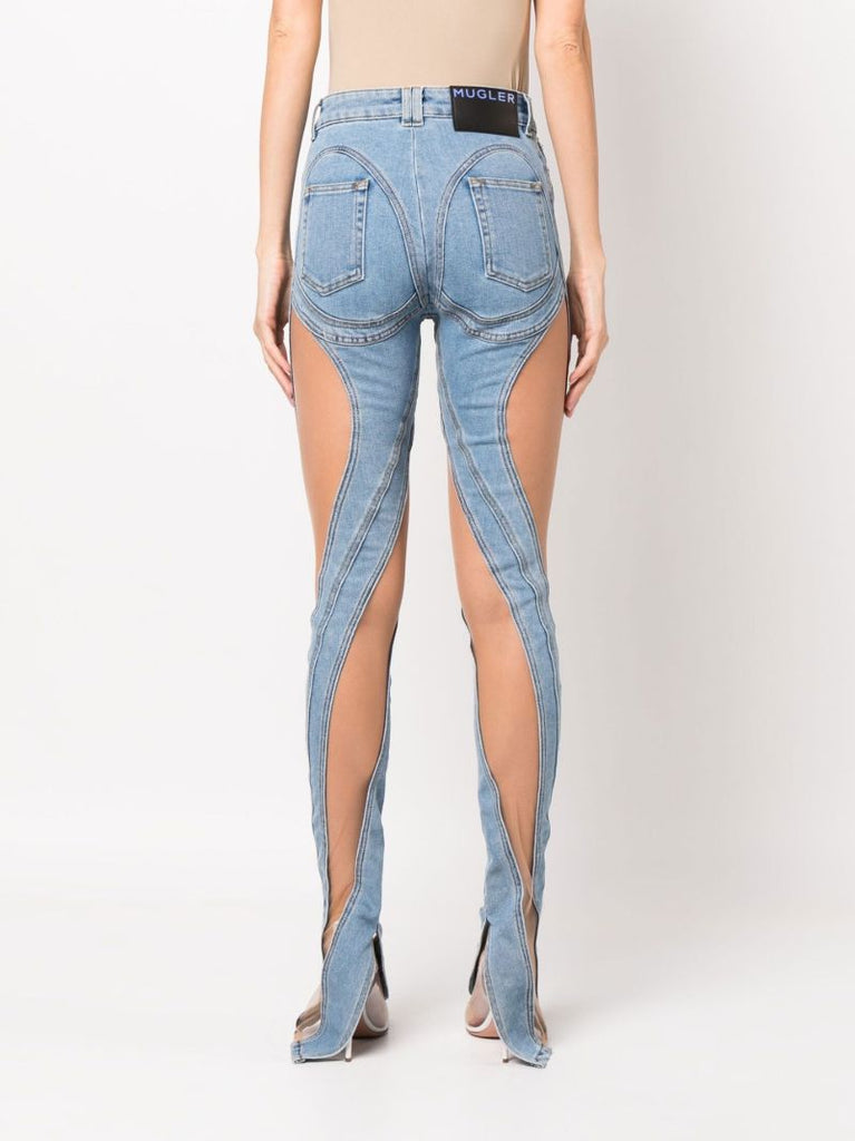 Blue Spiral Mesh-panelled Skinny Jeans