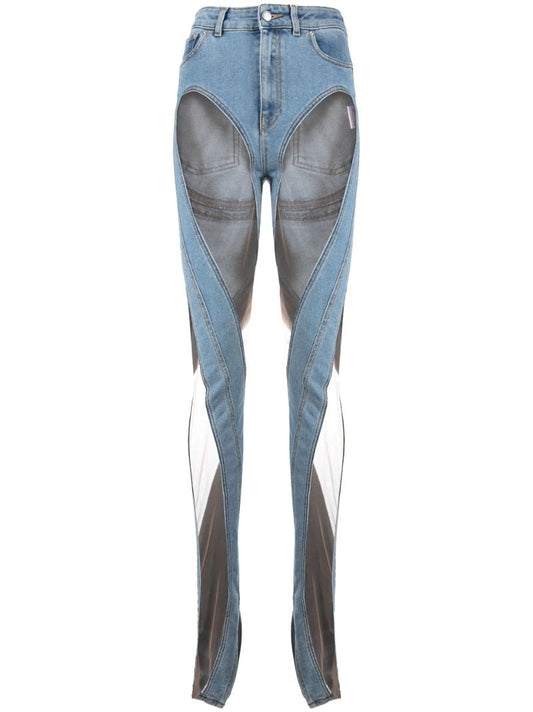 Blue Spiral Mesh-panelled Skinny Jeans