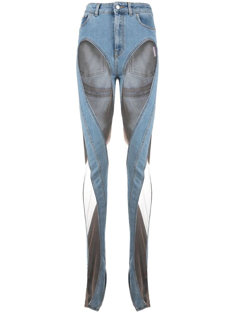 Blue Spiral Mesh-panelled Skinny Jeans