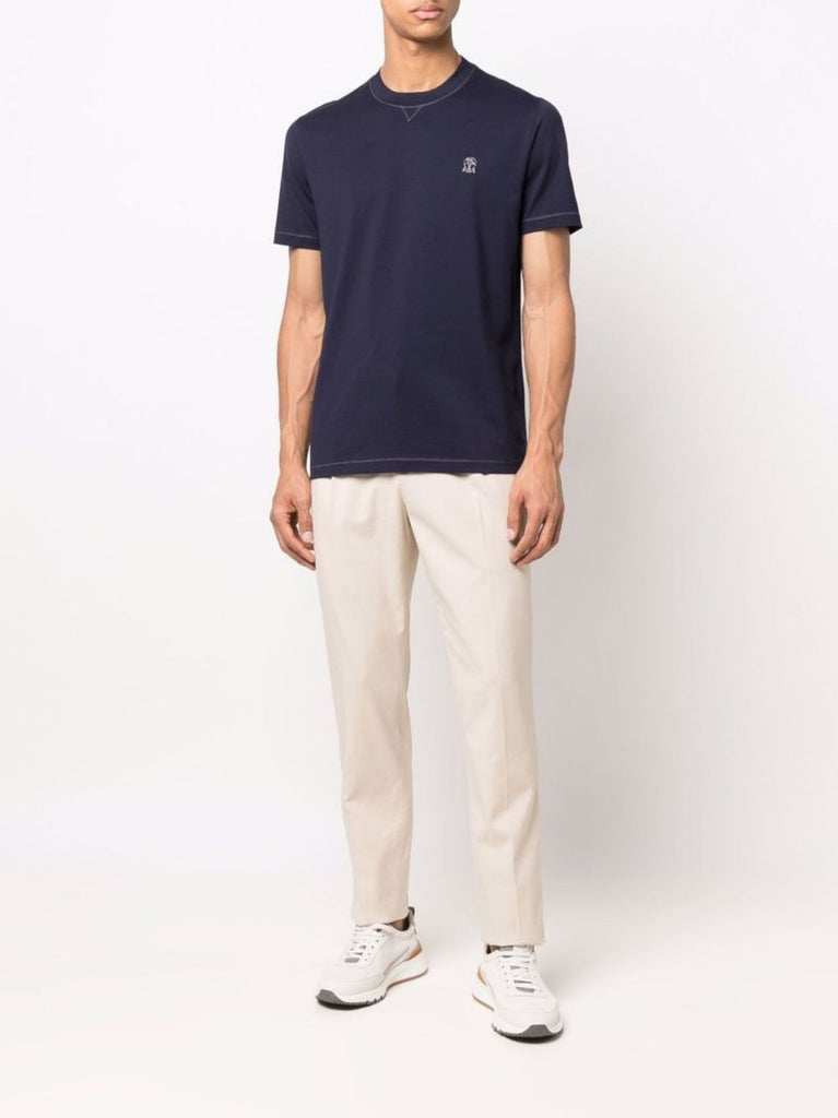 Blue Logo-embroidered Cotton T-shirt