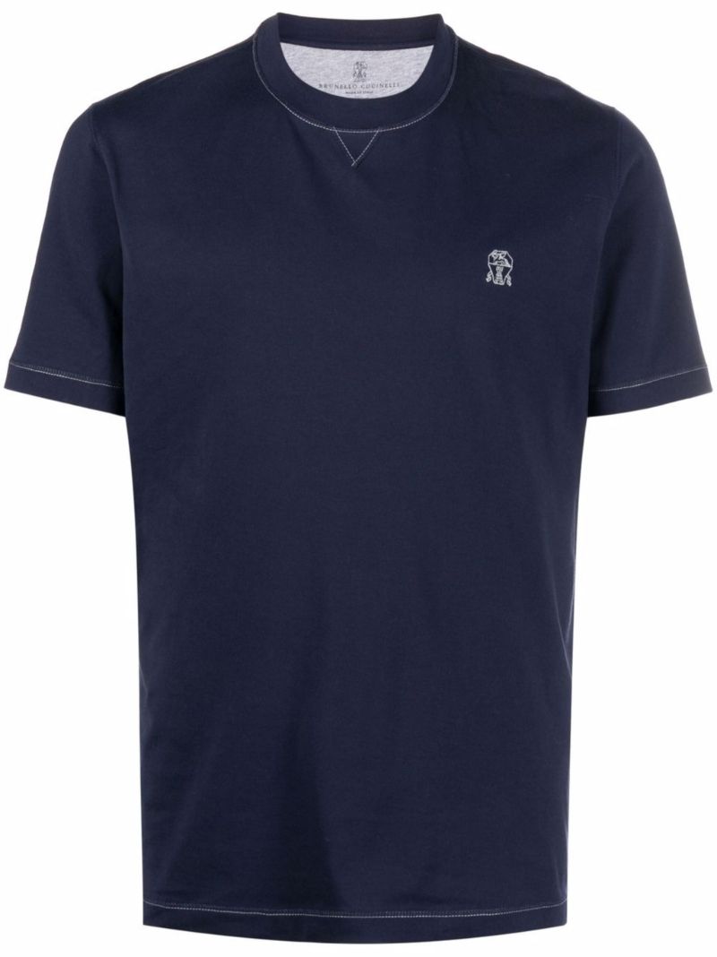 Blue Logo-embroidered Cotton T-shirt