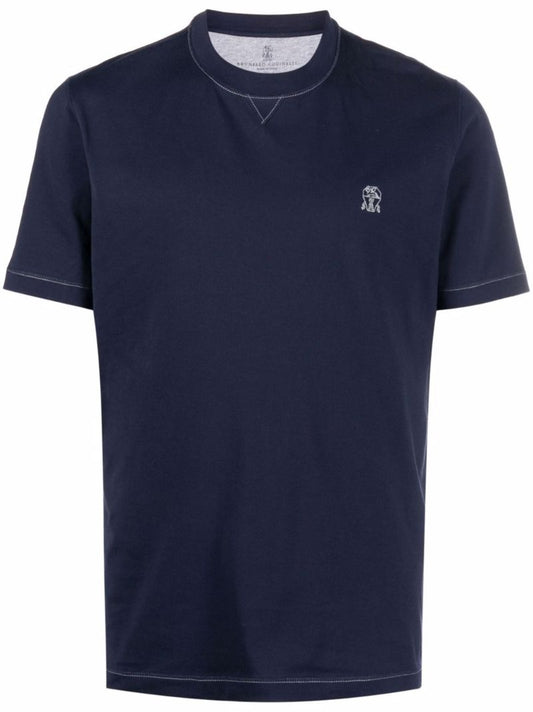Blue Logo-embroidered Cotton T-shirt