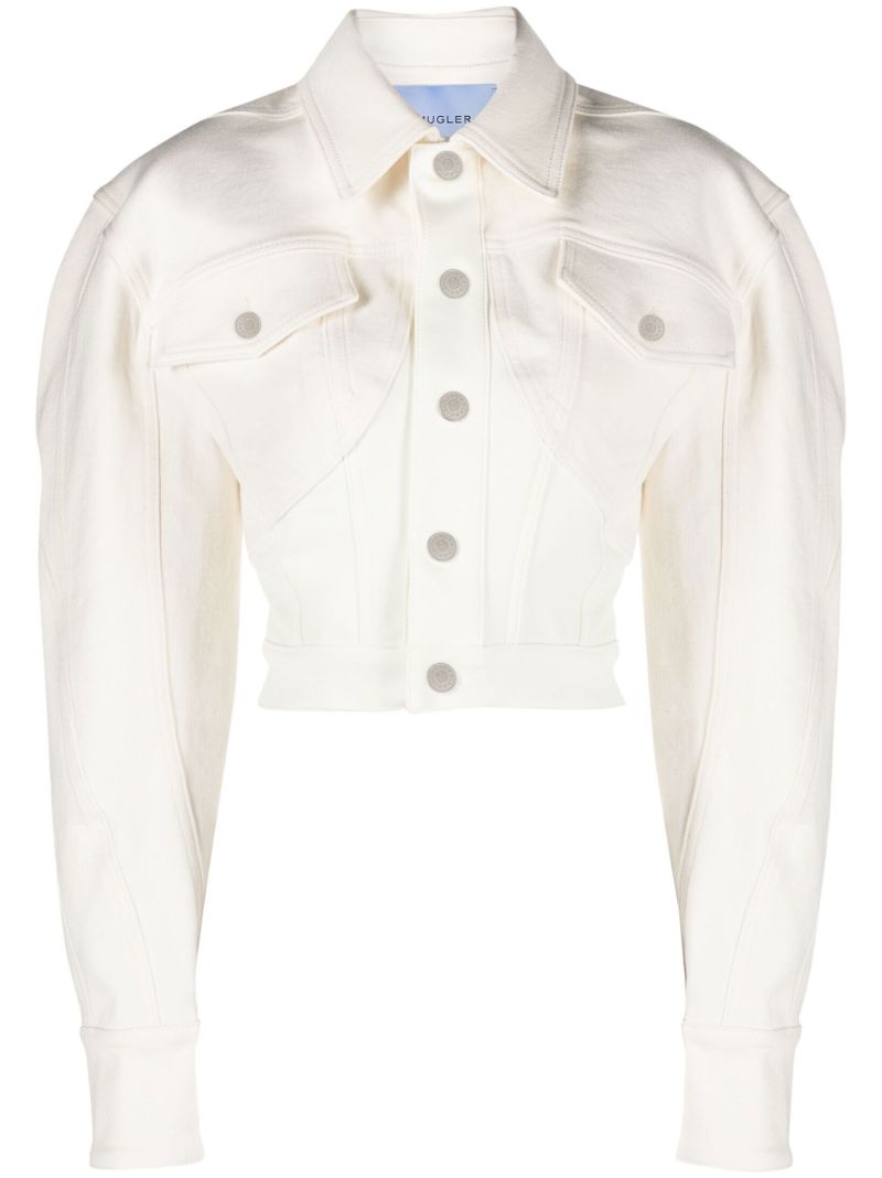 White Exaggerated Shoulder Cropped Denim Jacket