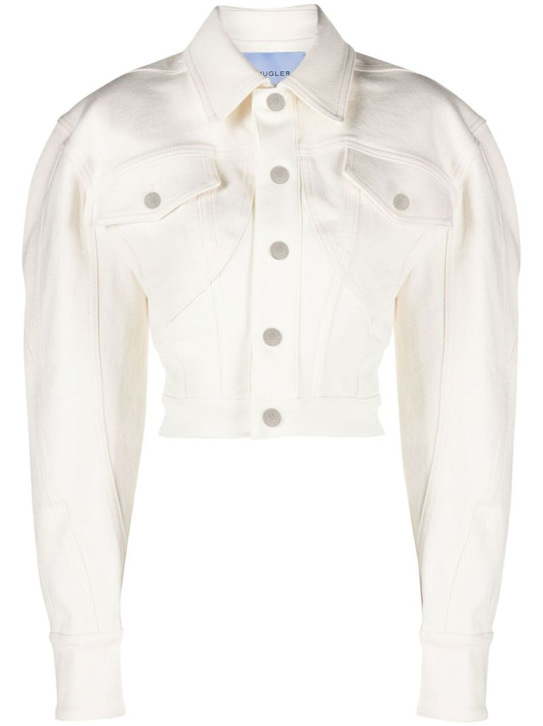 White Exaggerated Shoulder Cropped Denim Jacket