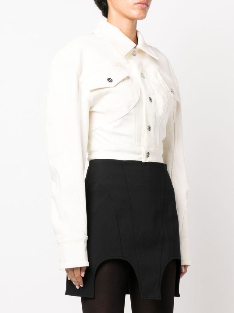 White Exaggerated Shoulder Cropped Denim Jacket