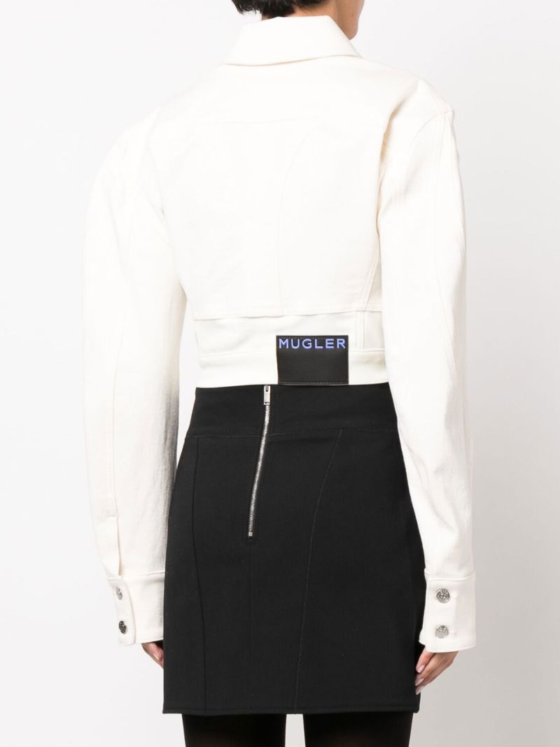 White Exaggerated Shoulder Cropped Denim Jacket