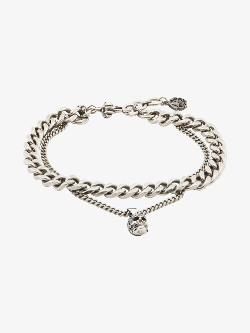 Silver Tone Skull Motif Chain Bracelet