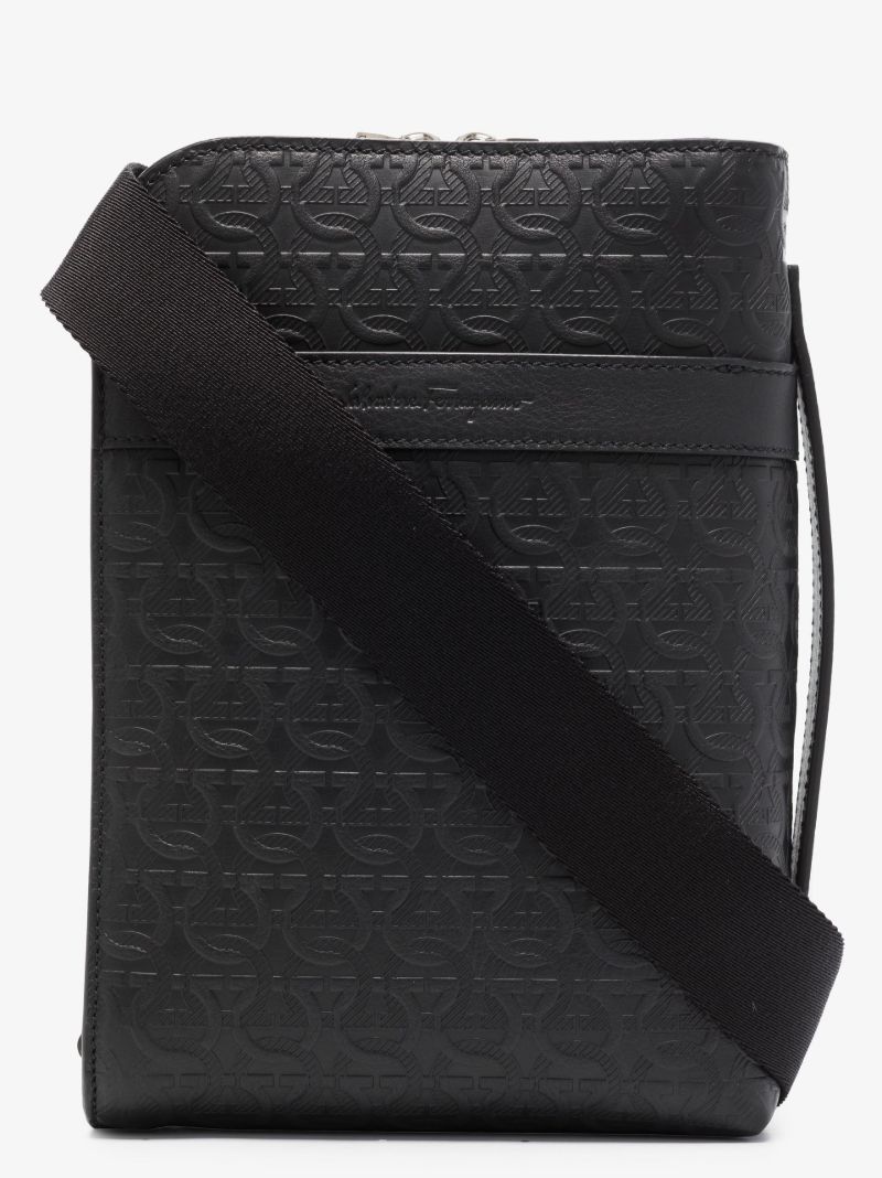 Black Gancini Embossed Leather Cross Body Bag