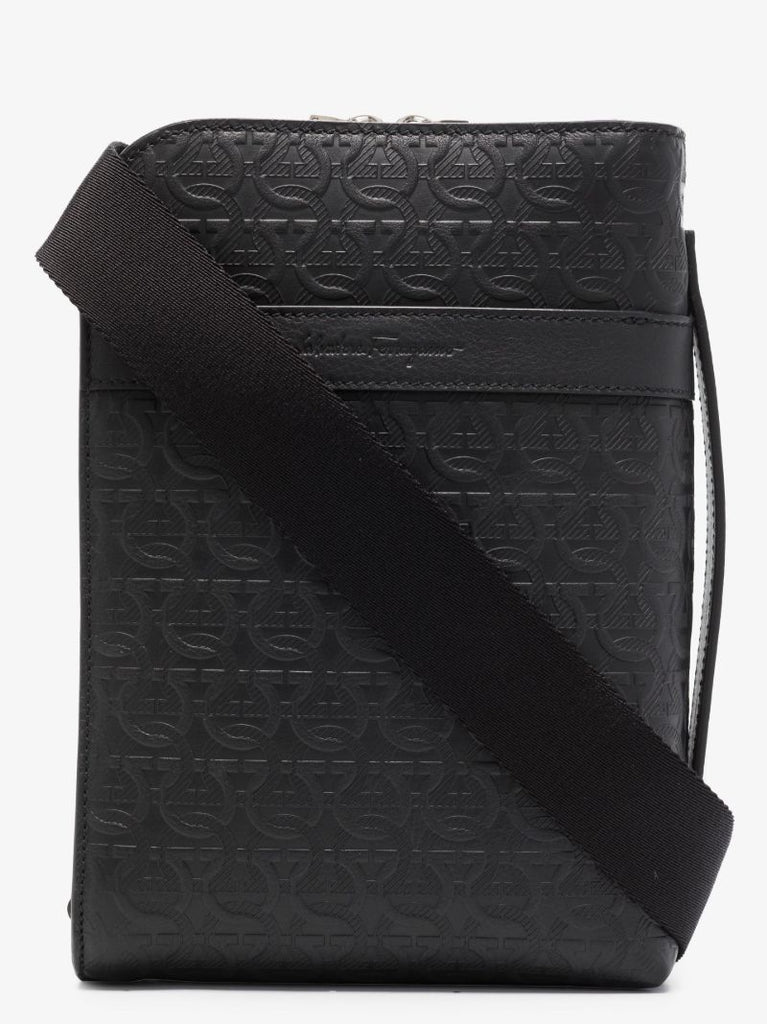 Black Gancini Embossed Leather Cross Body Bag