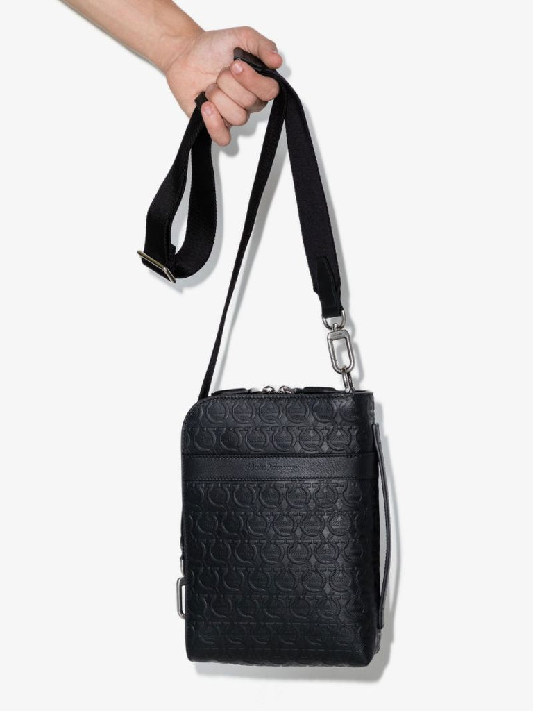 Black Gancini Embossed Leather Cross Body Bag