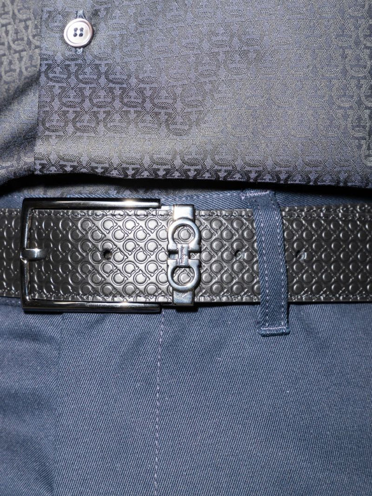 Black Gancini Reversible Embossed Leather Belt