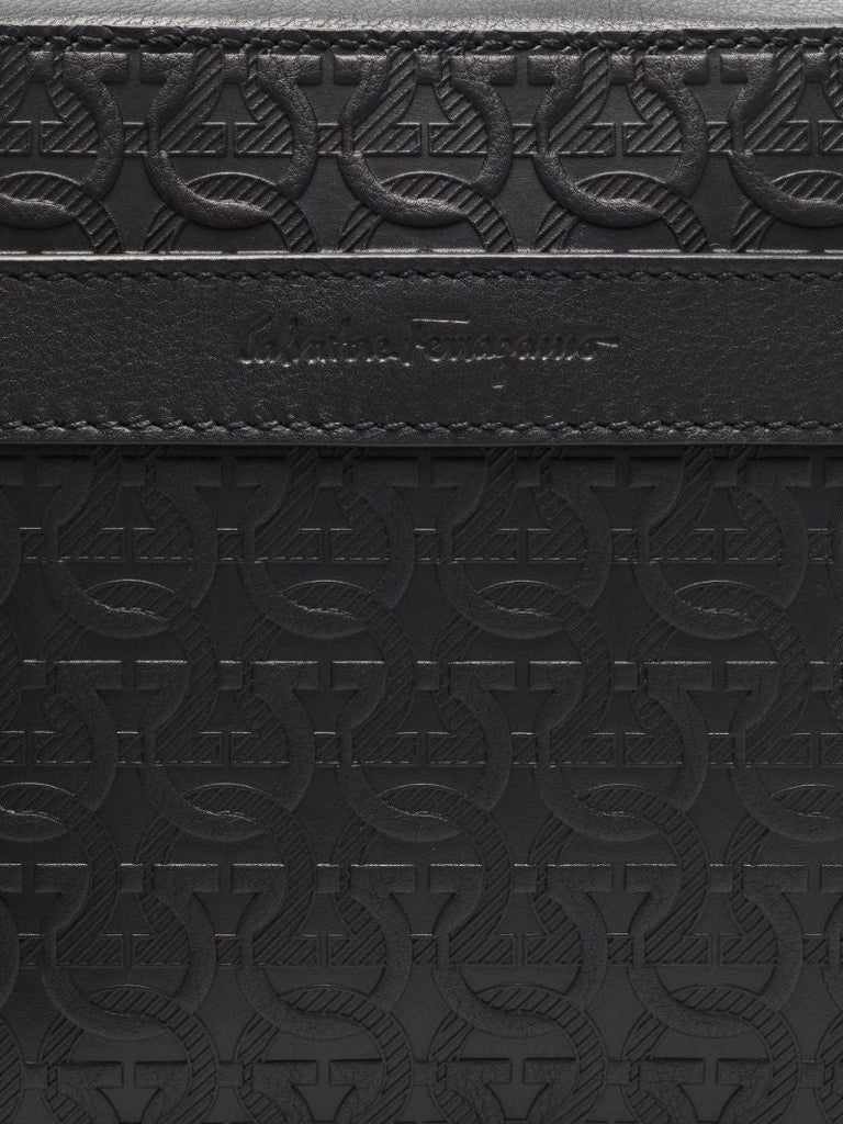 Black Embossed Monogram Leather Messenger Bag