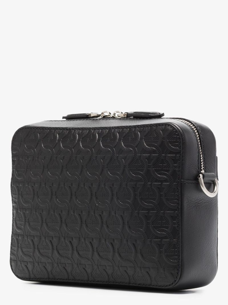 Black Embossed Monogram Leather Messenger Bag