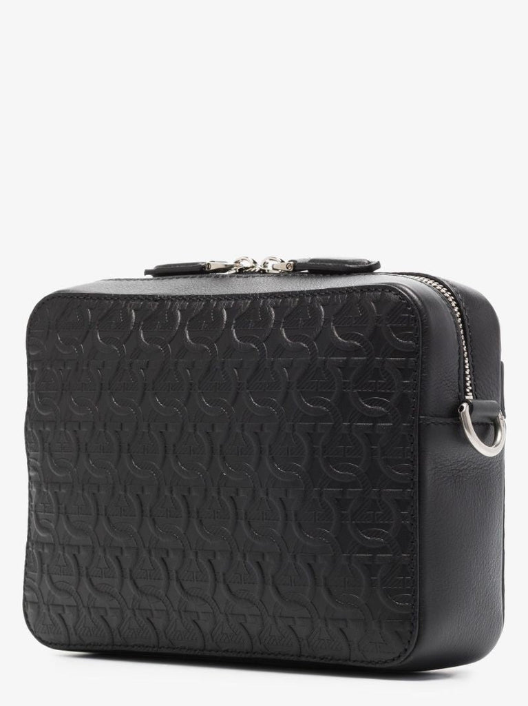 Black Embossed Monogram Leather Messenger Bag
