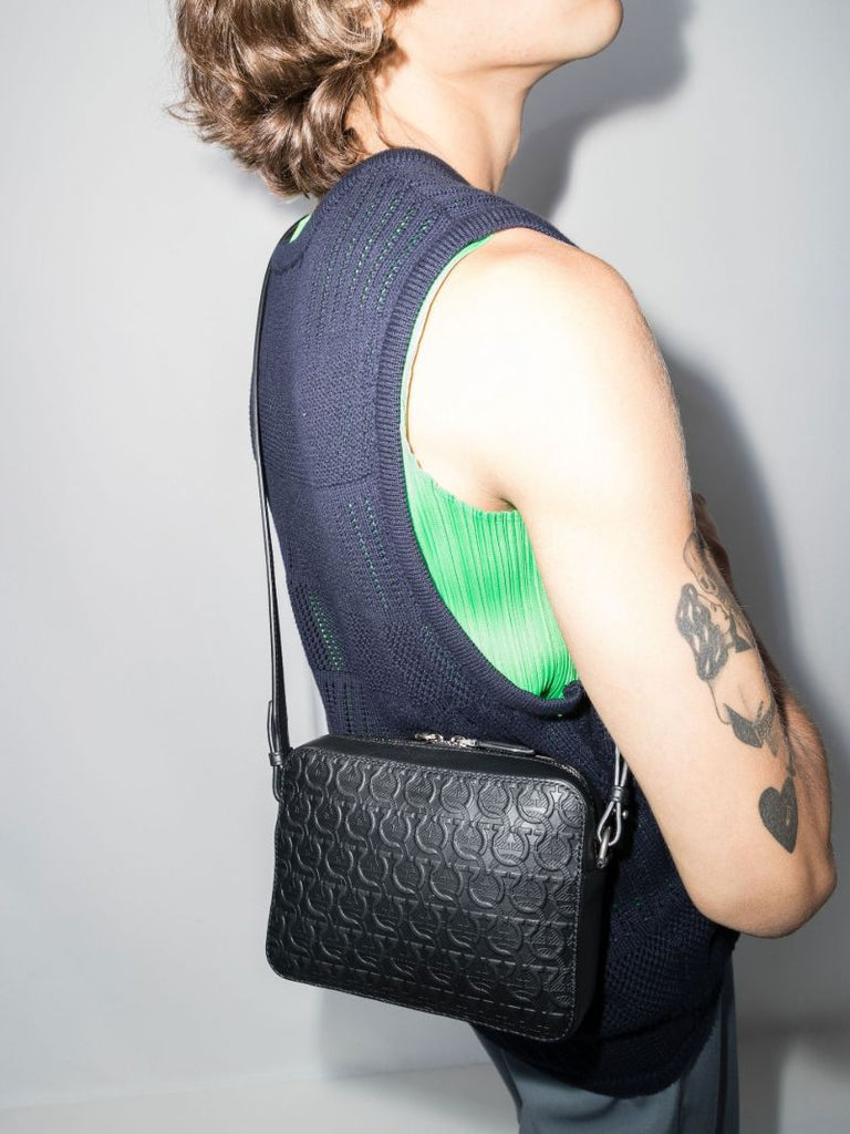 Black Embossed Monogram Leather Messenger Bag