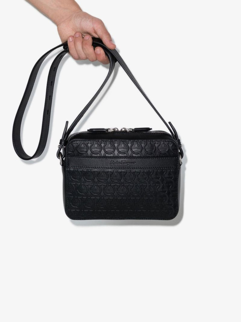 Black Embossed Monogram Leather Messenger Bag