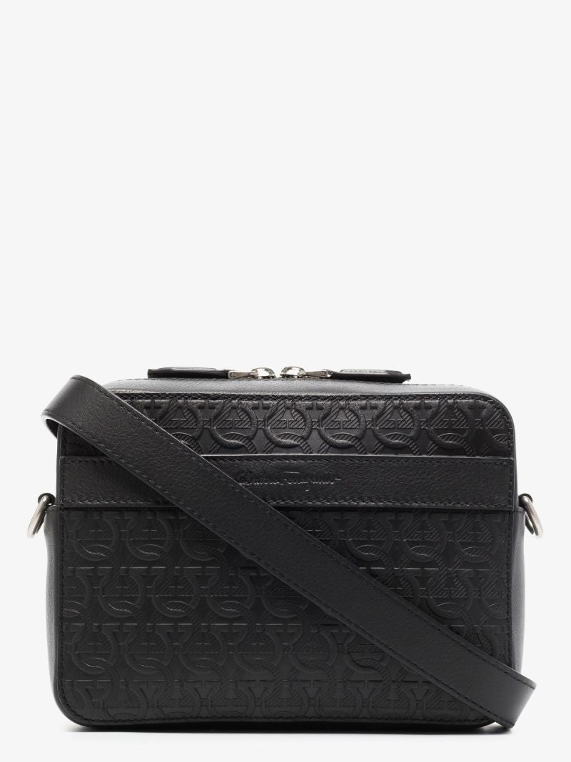Black Embossed Monogram Leather Messenger Bag