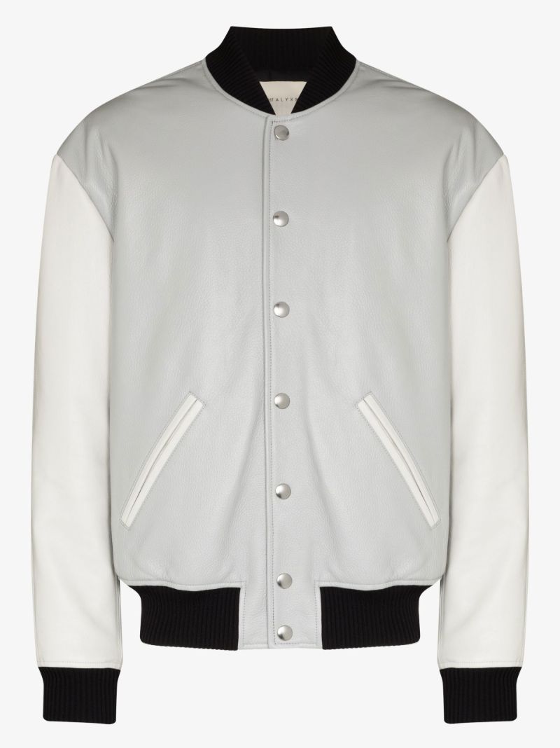 Grey Embroidered Leather Varsity Jacket