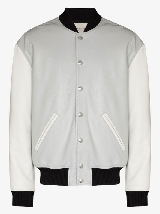 Grey Embroidered Leather Varsity Jacket