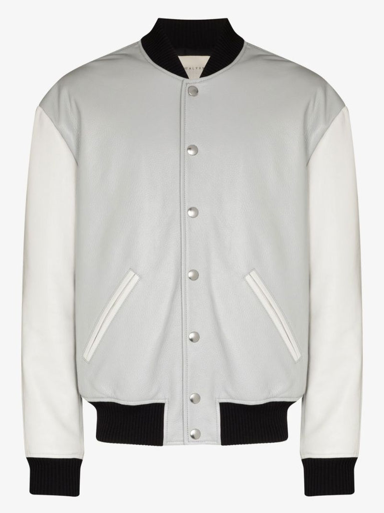 Grey Embroidered Leather Varsity Jacket