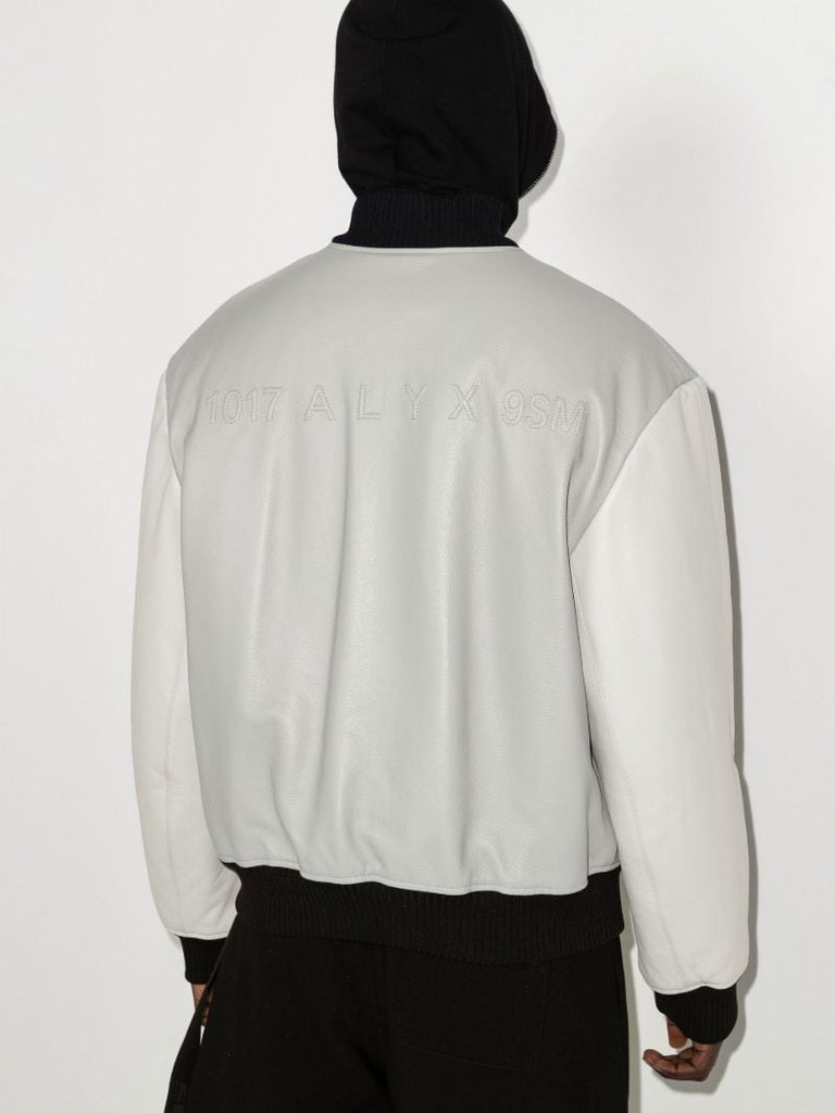Grey Embroidered Leather Varsity Jacket