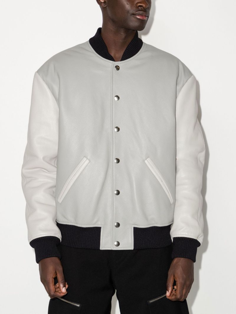 Grey Embroidered Leather Varsity Jacket