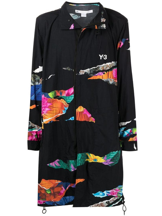 Black Aop Graphic Print Midi Coat