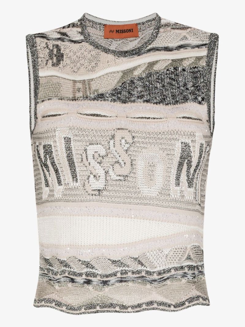 Grey Intarsia Branded Vest Top