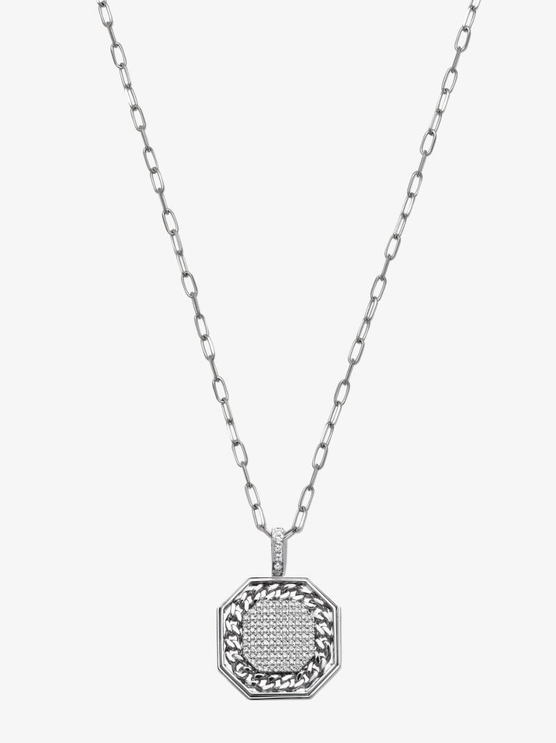 18k White Gold Octagon Diamond Pendant Necklace
