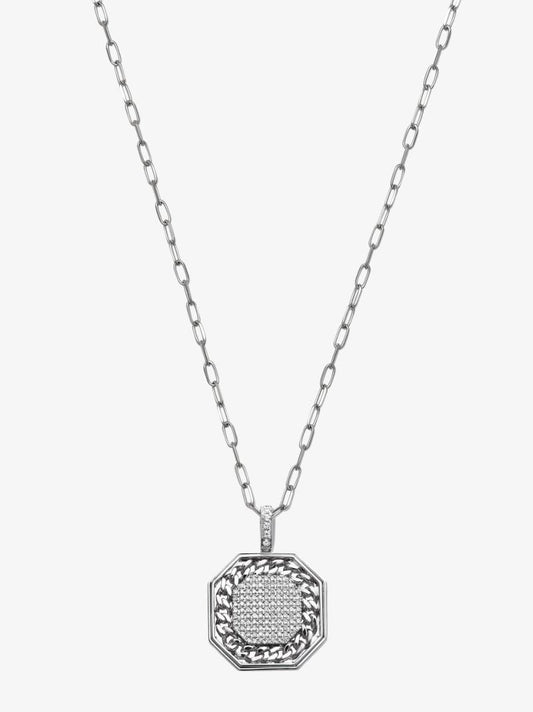 18k White Gold Octagon Diamond Pendant Necklace
