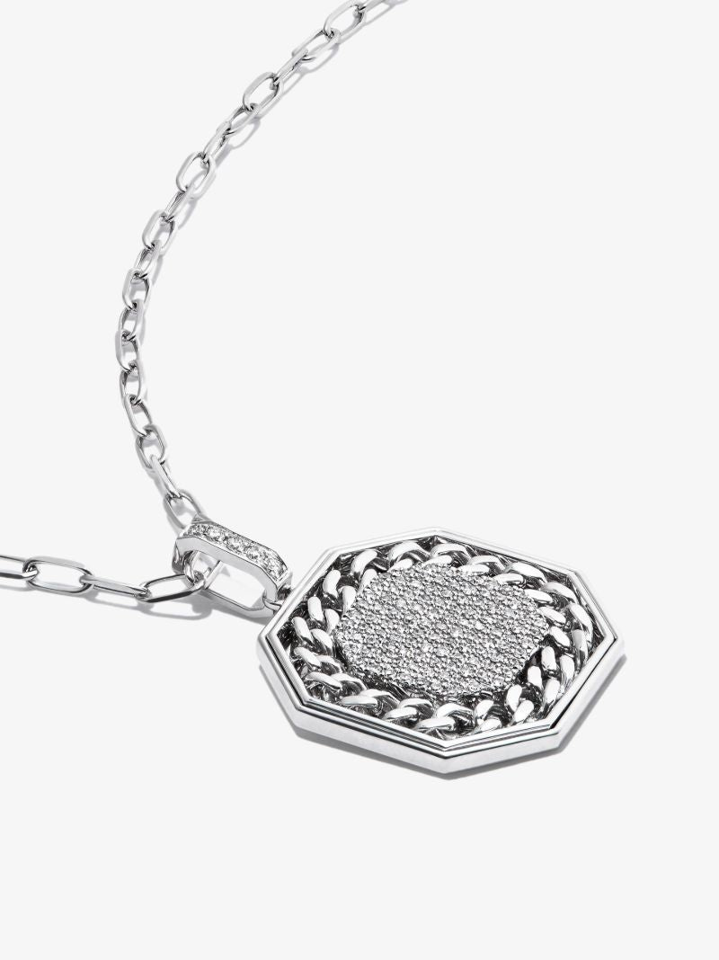18k White Gold Octagon Diamond Pendant Necklace
