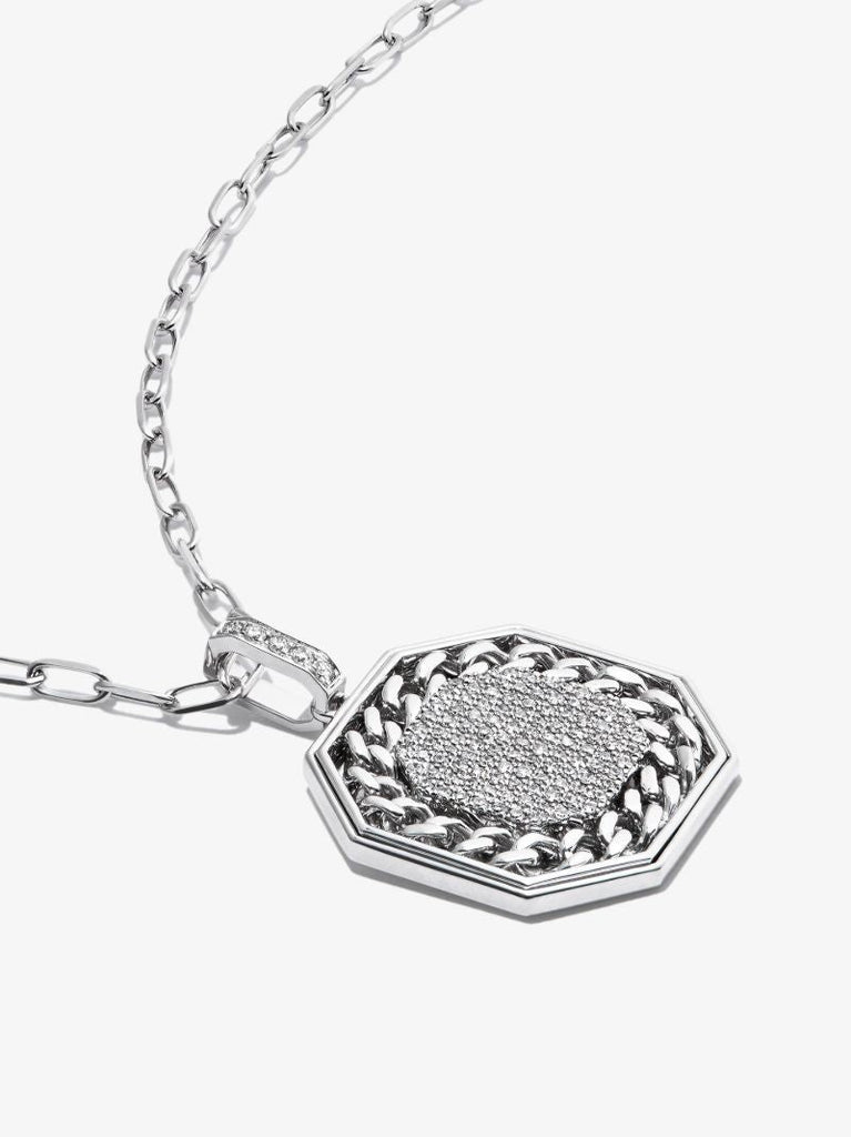 18k White Gold Octagon Diamond Pendant Necklace