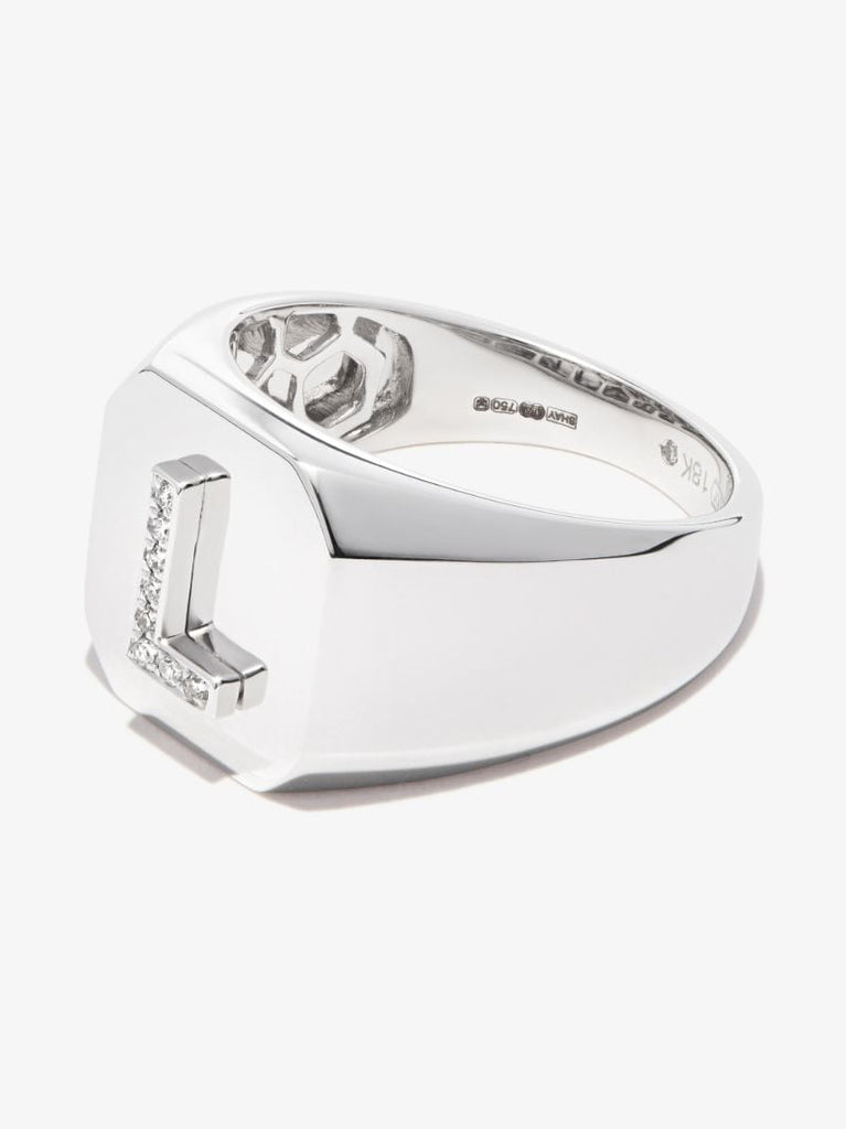 18k White Gold L Initial Diamond Signet Ring