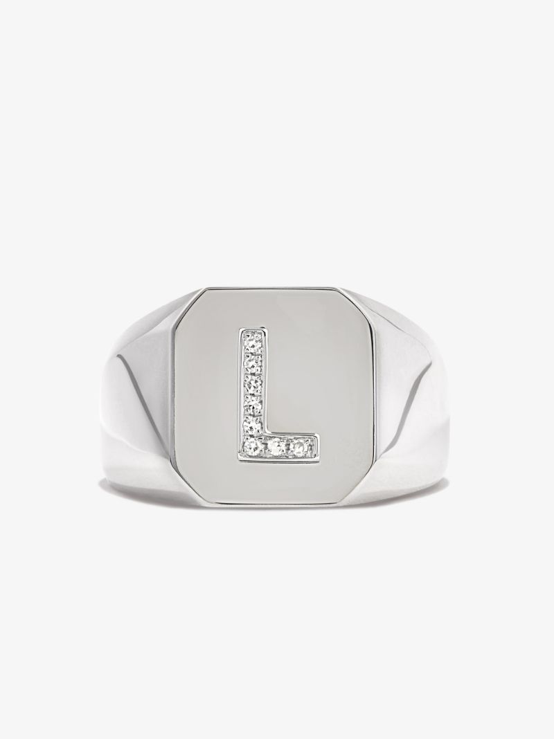 18k White Gold L Initial Diamond Signet Ring