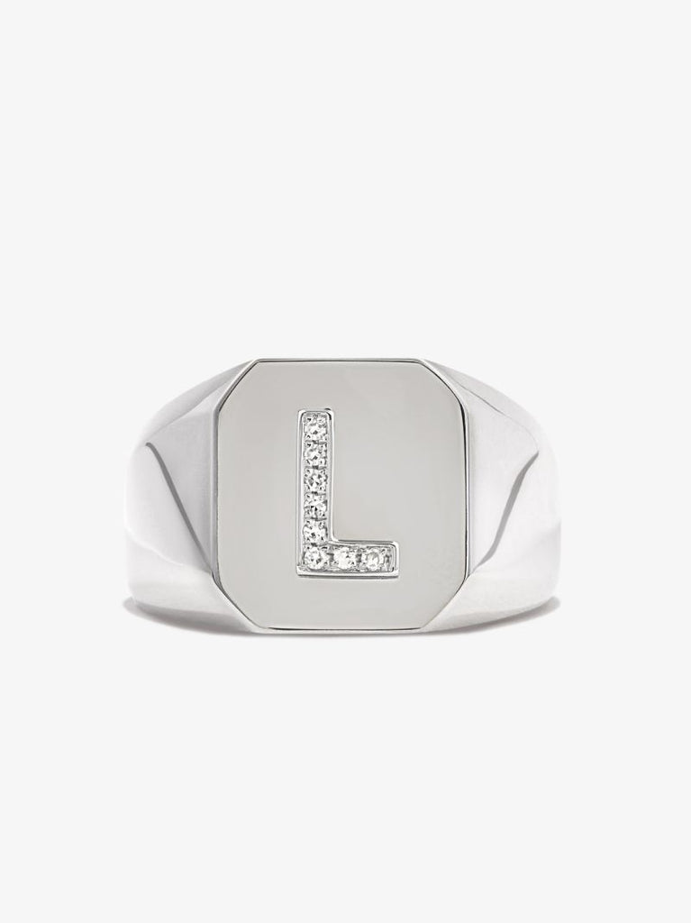 18k White Gold L Initial Diamond Signet Ring