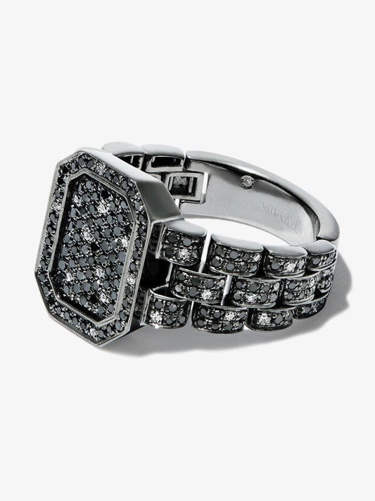 18k Black Gold Twinkle Rail Link Diamond Signet Ring