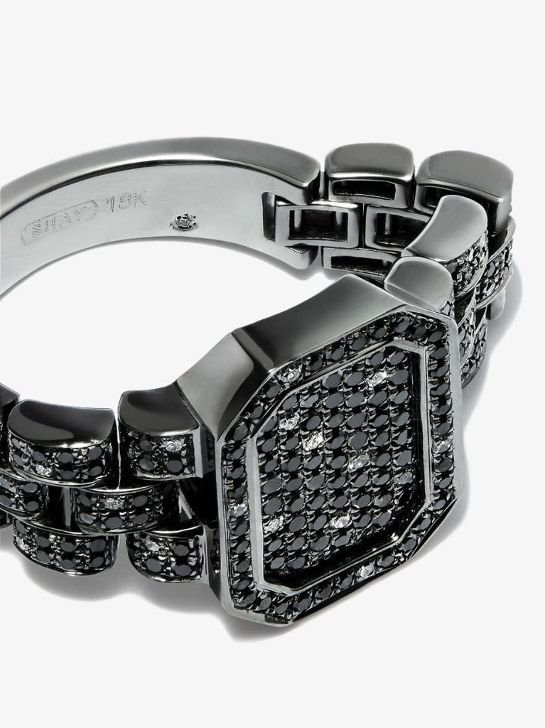 18k Black Gold Twinkle Rail Link Diamond Signet Ring