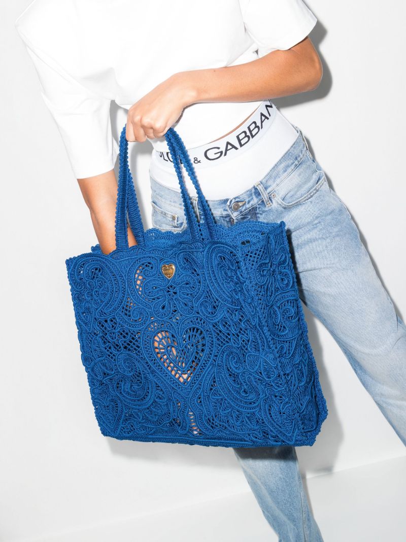 Blue Beatrice Crochet Lace Cotton Tote Bag