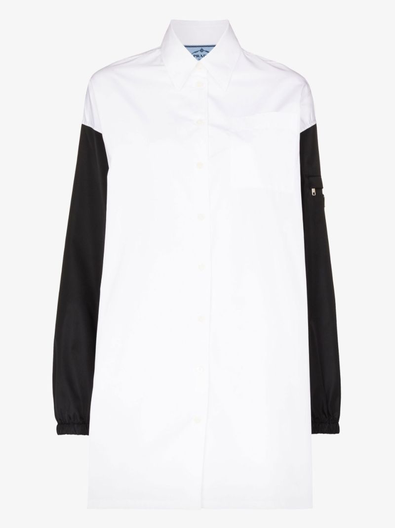 White Re-nylon Contrast Sleeve Cotton Shirt Dress
