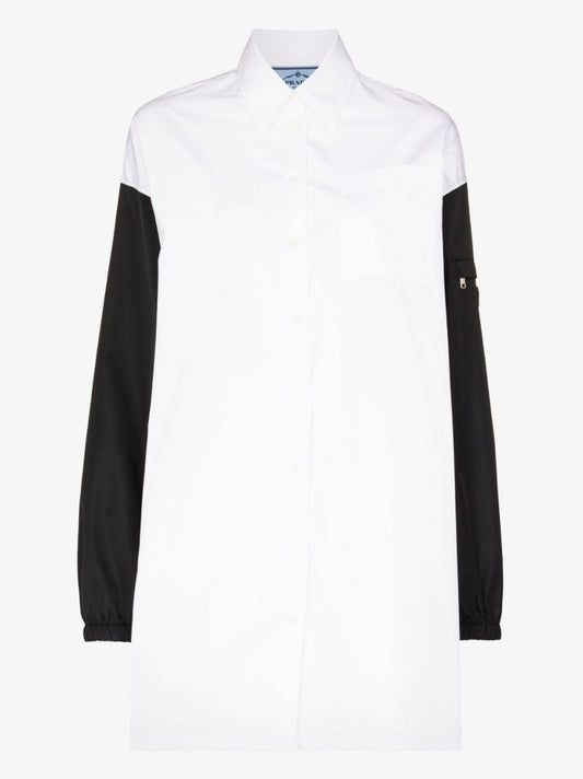 White Re-nylon Contrast Sleeve Cotton Shirt Dress
