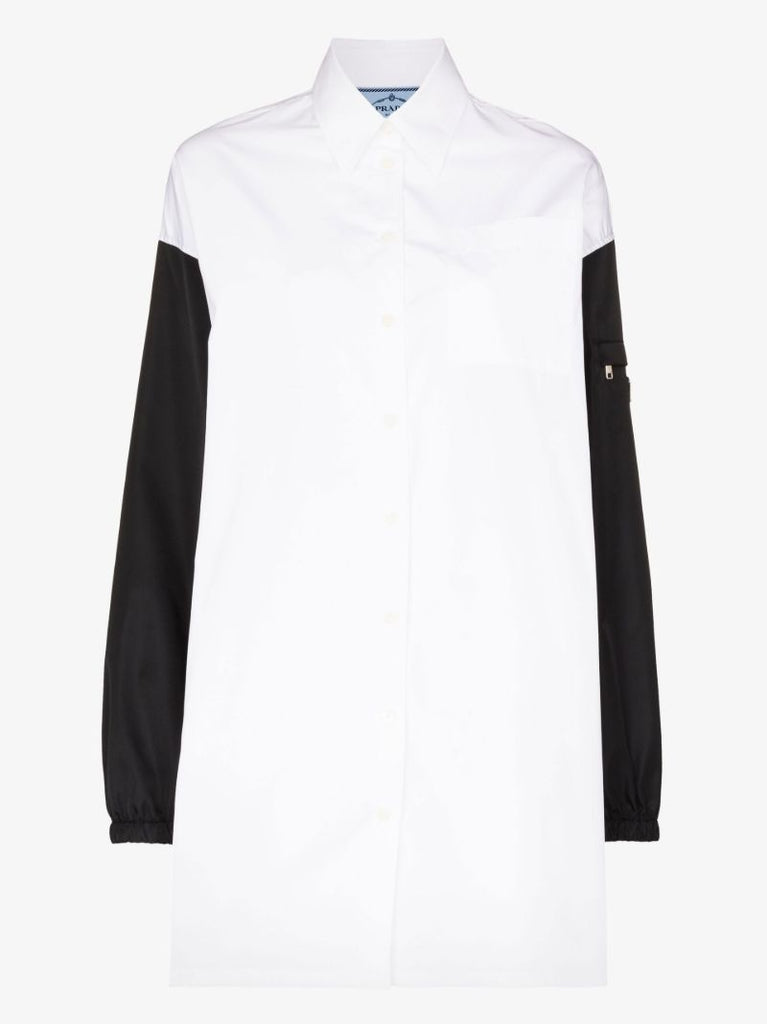 White Re-nylon Contrast Sleeve Cotton Shirt Dress