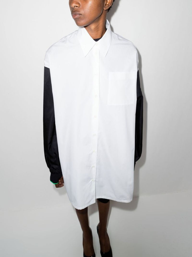White Re-nylon Contrast Sleeve Cotton Shirt Dress